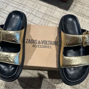 Zadig & Voltaire Gold and Black Slide Sandals